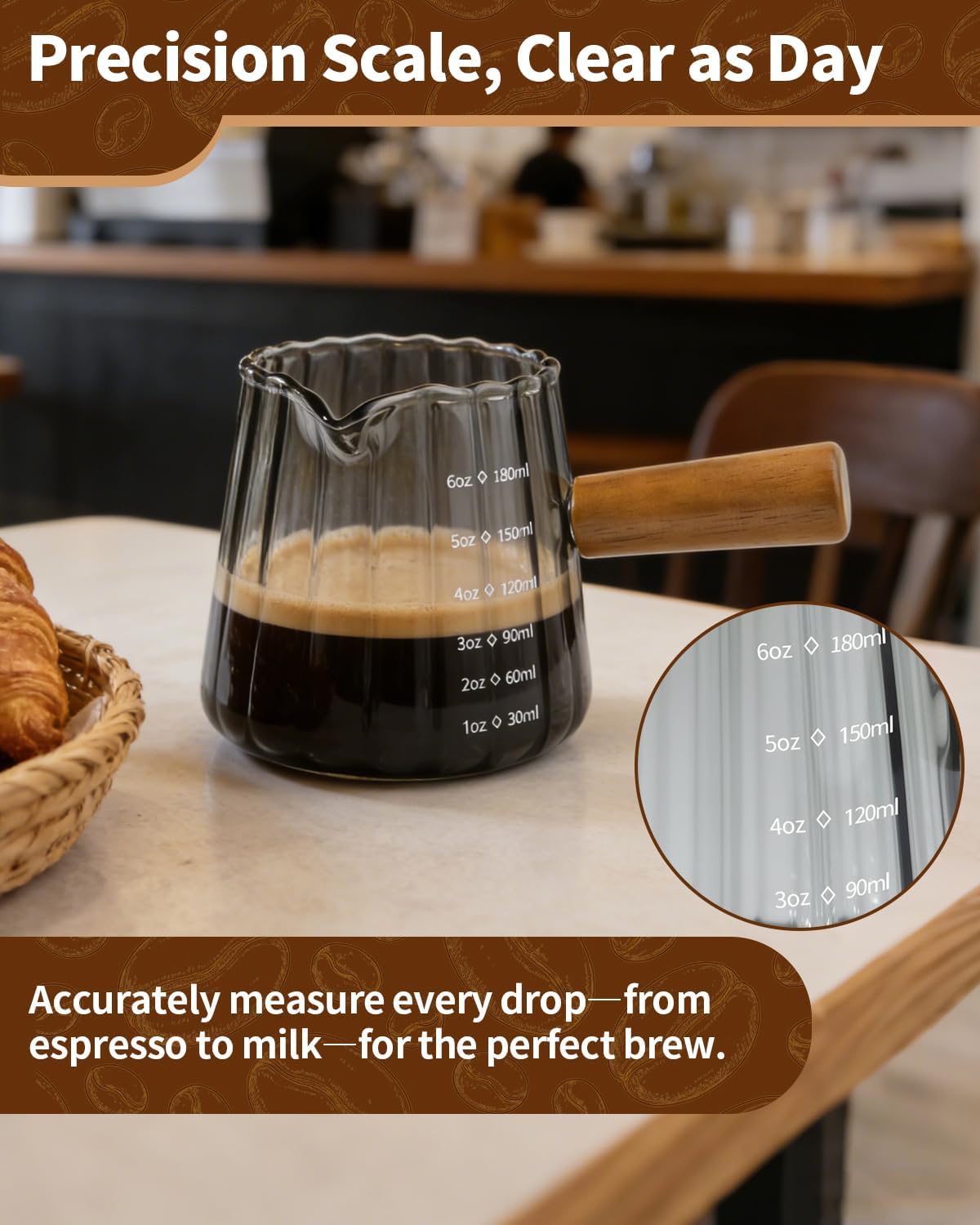 2 Pack Espresso Measuring Cup, 6oz Borosilicate Glass Espresso Cups with Wood Handle, V-Shaped Spout Milk Frothing Cup for Coffee, Tea, Syrup – Dishwasher Safe