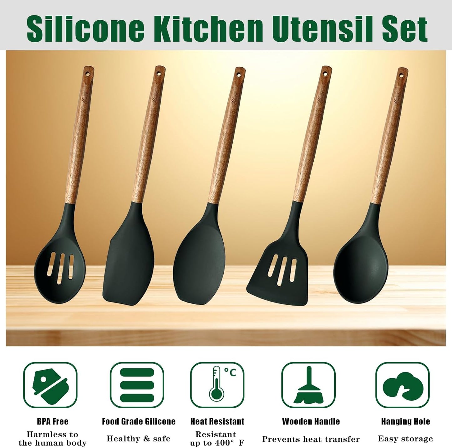 Kitchen Utensils Set, Silicone Cooking Utensils Set,Non-Stick Silicone Spatula Set with Natural Acacia Hard Wood Handle, 5 Piece, Upgraded Thickened Cookware