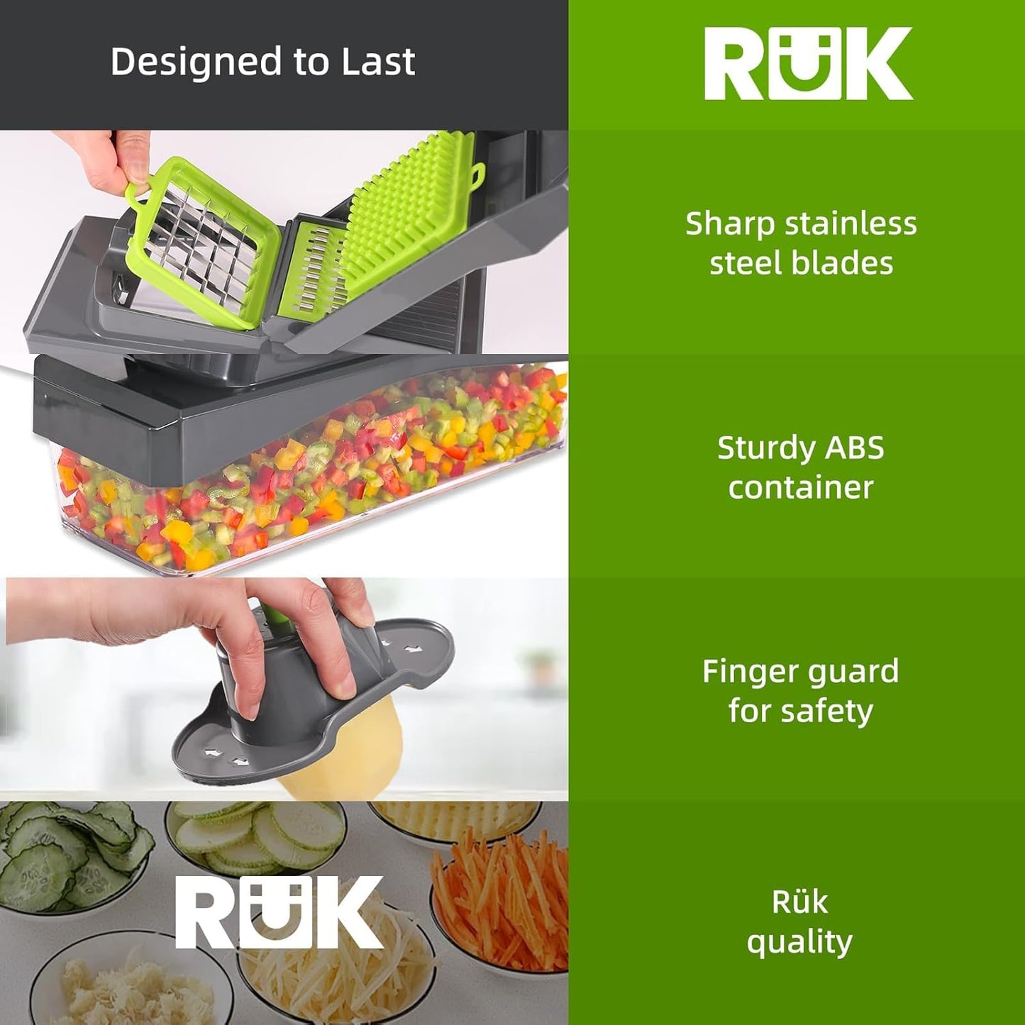 RüK 10-in-1 Vegetable Chopper – 6 Blade Veggie Chopper with Container, Food Dicer, Onion Cutter, Cheese Grater, Mandoline Slicer, Kitchen Gadgets & Home Essentials (Green)