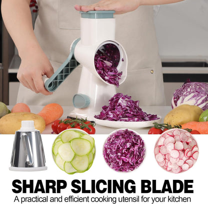 Cheese Grater Cheese Shredder with 3 Interchangeable Blades, Rotary Cheese Grater Manual Vegetable Slicer with Non-slip Suction Base Peanut Nuts Grinder Vegetable Shredder Clear