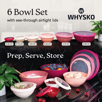 WHYSKO Mixing Bowl Set, 12 Piece Colorful Plastic Mixing Bowls with Lids Set for Food Prep Storage and Serving, Microwave and Dishwasher Safe for Kitchen Baking Cooking