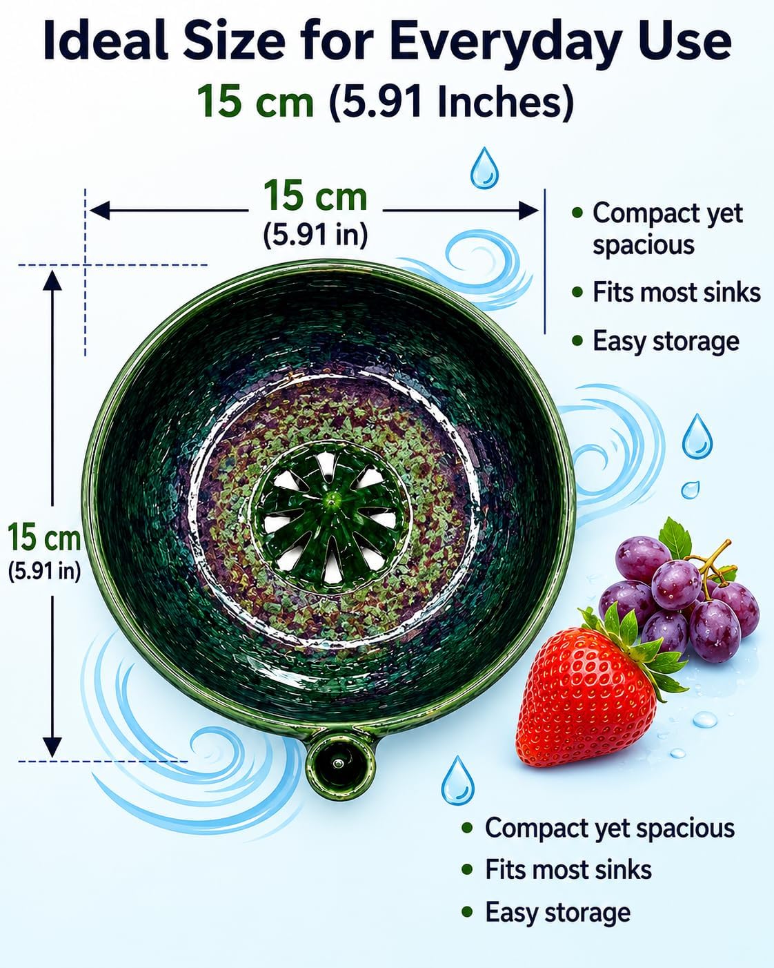 2026 Self Spinning Berry Washing Bowl Ceramic with Drain Holes, 360 Degree Cleaning Fruit Swirl Colander Center Cone, Automatic Quick Kitchen Rinse washer for Berries Vegetables Serving
