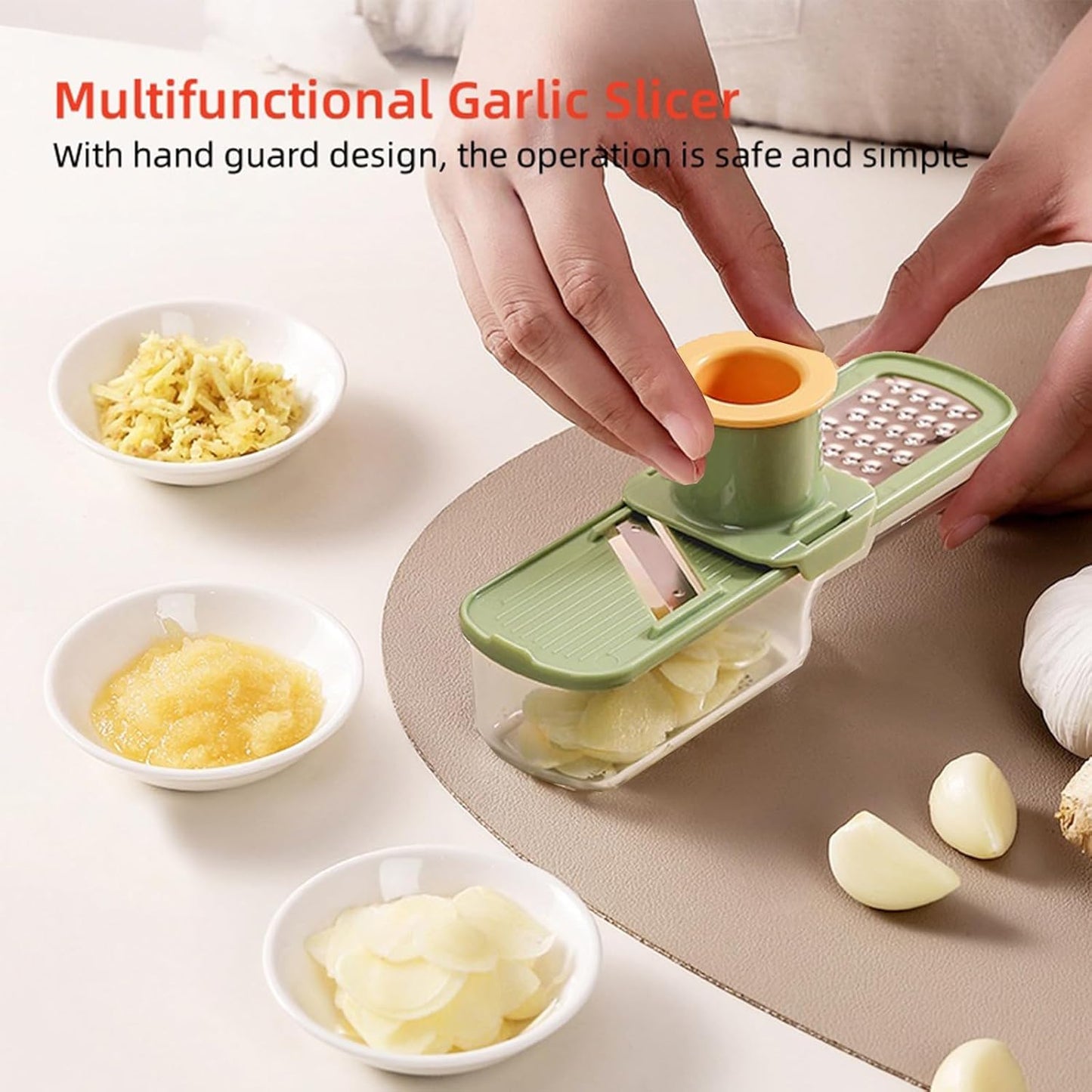 3-in-1 Multifunctional Garlic Grinder– Stainless Steel Slicer/Shredder/Grinder with Hand Guard, Transparent Container & Blade Storage,Safe Food Slicer, Easy to Use & Clean