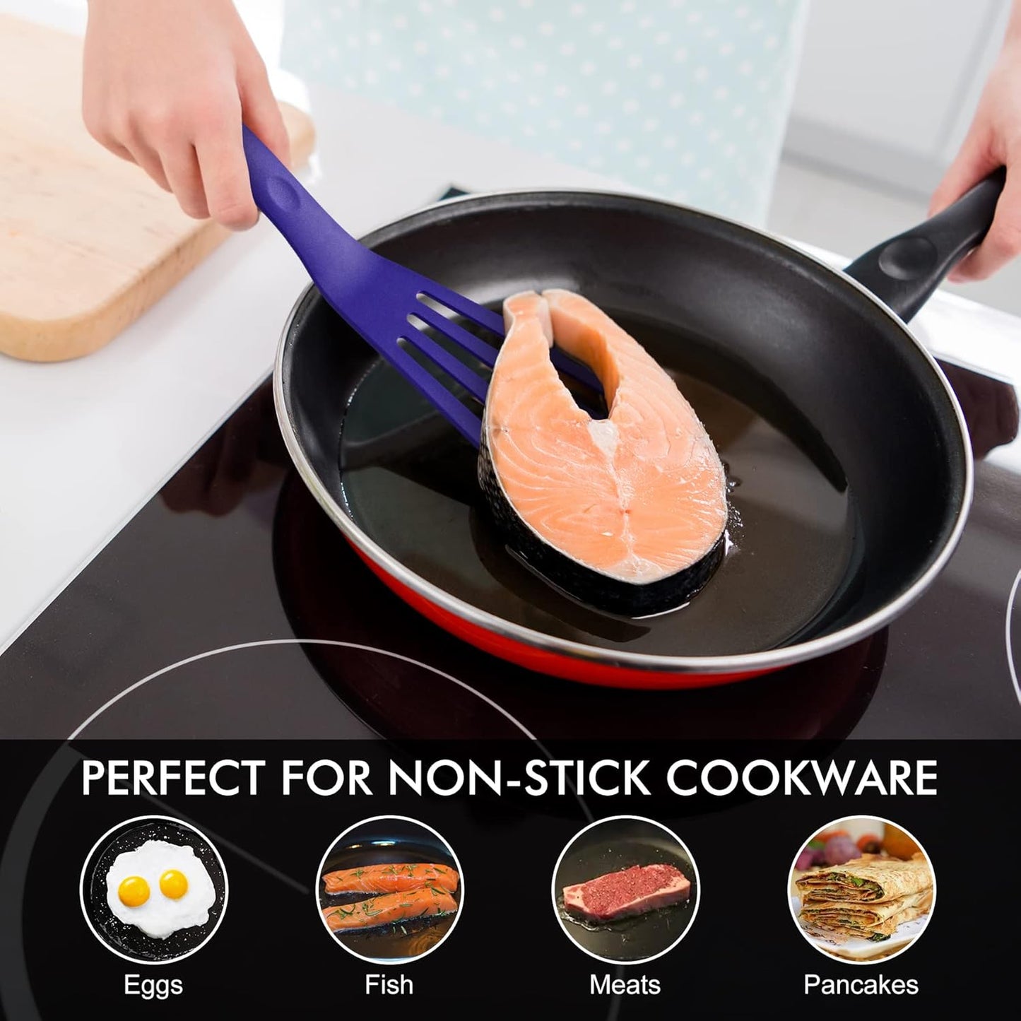 HOTEC 600℉ Heat Resistant Silicone Slotted Fish Turner Spatula Set, BPA Free Flipper Cooking Spatulas, for Non Stick Cookware Dishwasher Safe, Black