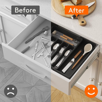 Lifewit Silverware Drawer Organizer, Expandable Utensil Tray for Kitchen, BPA Free Flatware and Cutlery Holder, Adjustable Plastic Storage for Spoons Forks Knives, 11-18 x 14", Black