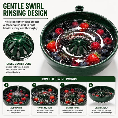 Self Spinning Berry Washing Bowl Ceramic with Drain Holes, Automatic Berry Wash Bowl for Fruits & Vegetables (1PC)