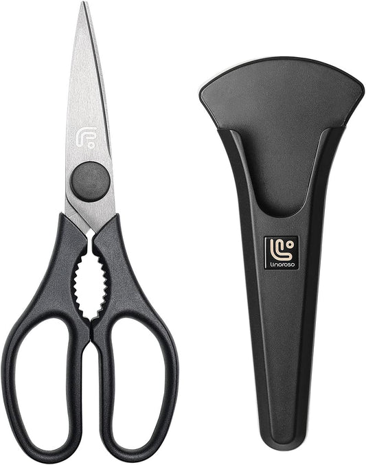 Linoroso Kitchen Scissors All Purpose Kitchen Shears with Magnetic Holder, Heavy Duty Scissors Shears Dishwasher Safe, Come Apart Food Scissors for Meat, Poultry, Cooking, BBQ, Vegetable, Herbs, Black