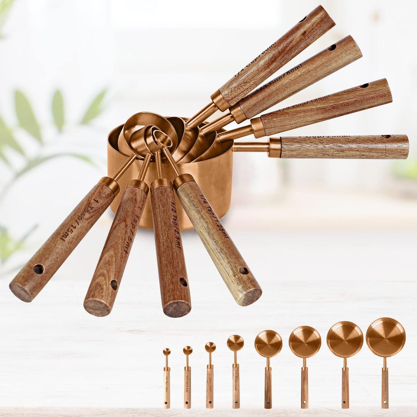 8-Piece Black Measuring Cups and Spoons Set, Stainless Steel Kitchen Measuring Set with Acacia Wood Handles for Baking and Cooking
