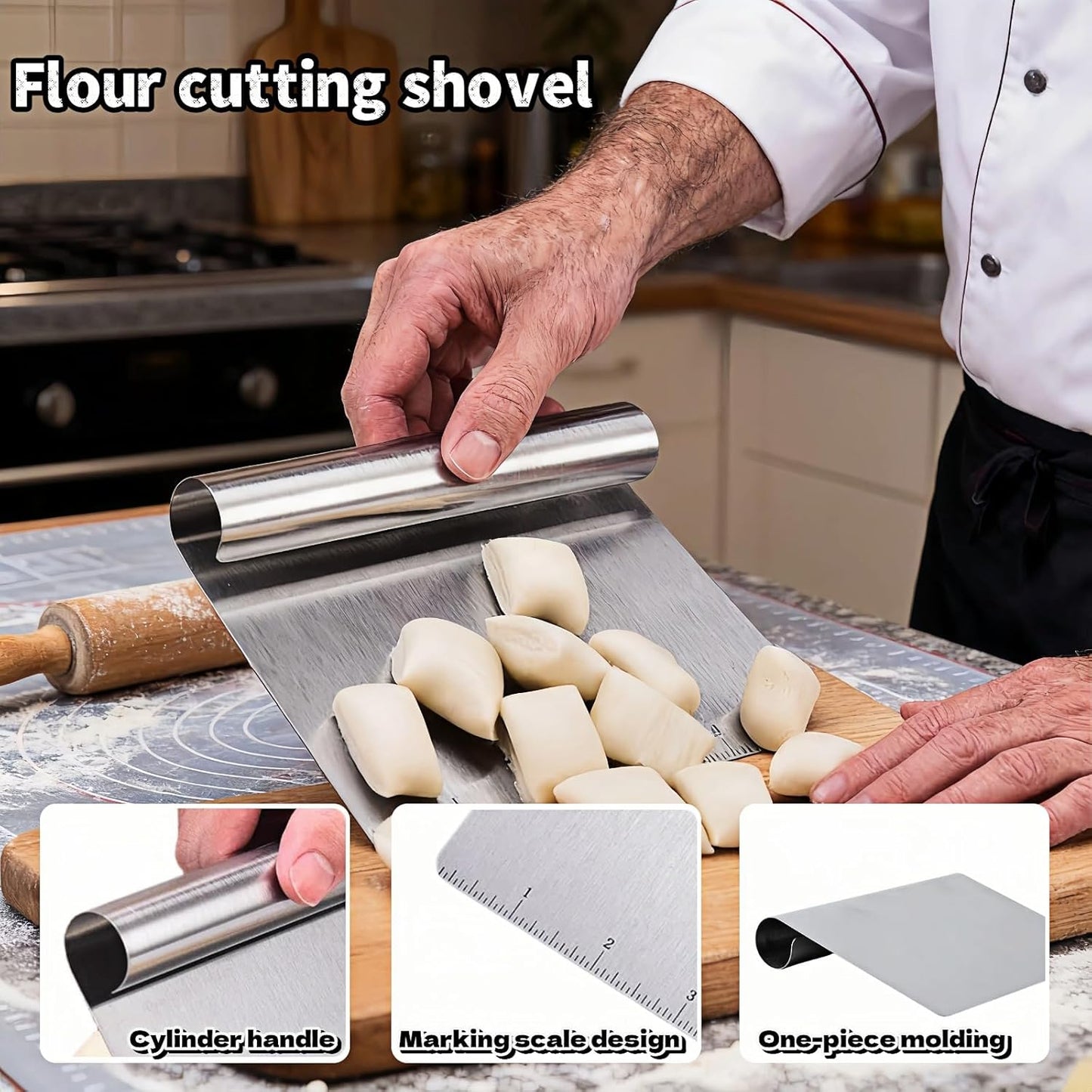 5.9" Professional Stainless Steel Dough Scraper and Bench Knife with Measurement Scale, Multi-Purpose Pastry Cutter for Baking, Pizza, Grill, Dough, Vegetables