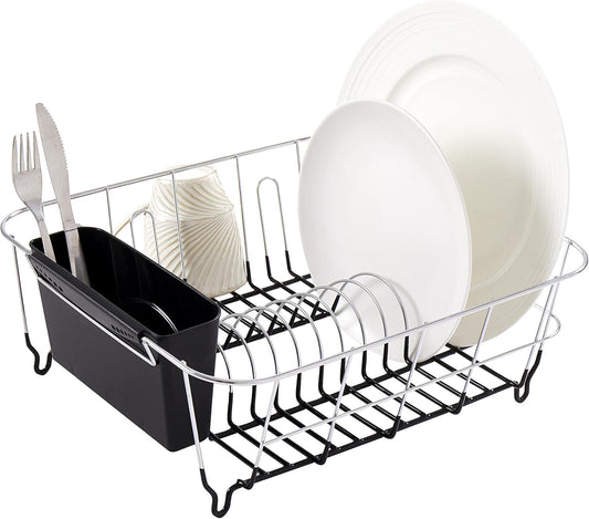 Dish Drying Rack & Cutlery Holder 2 Piece Set - Compact Sink-Fitting Dish Drainer with Rubberized Undercoating, Space-Saving Kitchen Organizer for Plates, Cups, Bowls & Utensils in Sink, Silver
