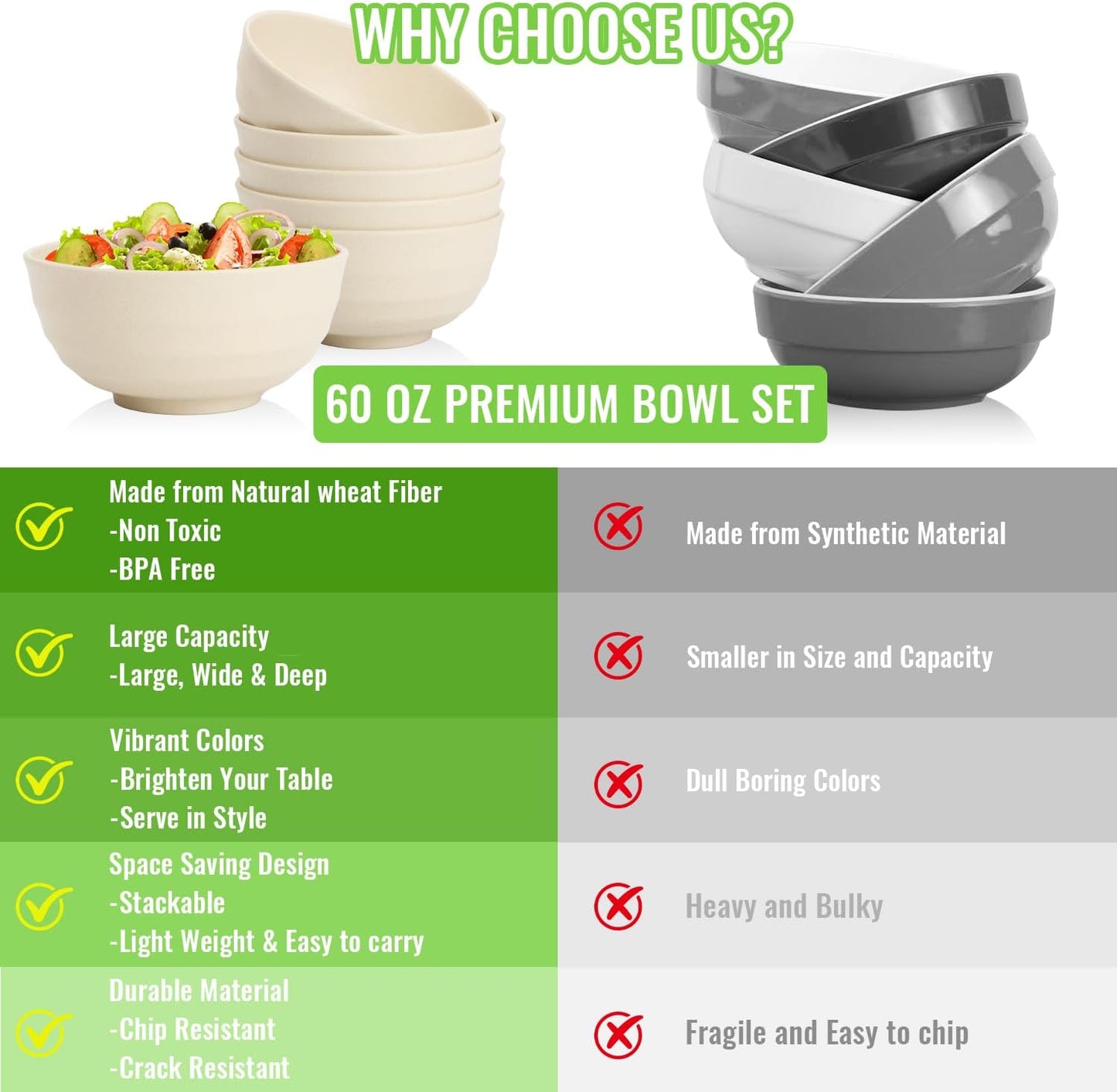 Wheat Straw Bowls Set with Lids, Unbreakable 40 OZ Cereal Bowls Set of 4, Salad Container for Lunch, Microwave & Dishwasher Safe Bowl Set for Kitchen, Picnic, RV, Camping, Multi