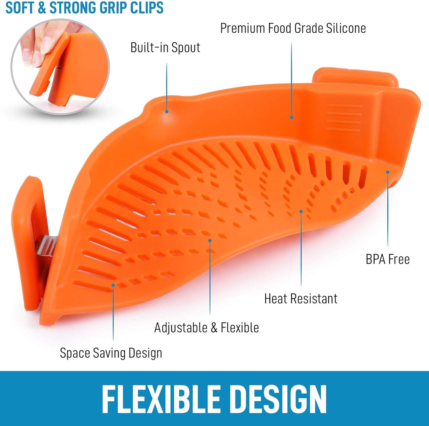 Zulay Silicone Pot Strainer - Adjustable Snap On Strainer For Most Pans & Pots - Food Grade, Heat Resistant, Colander For Draining Pasta, Fruits & Vegetables (Orange)