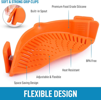 Zulay Silicone Pot Strainer - Adjustable Snap On Strainer For Most Pans & Pots - Food Grade, Heat Resistant, Colander For Draining Pasta, Fruits & Vegetables (Orange)