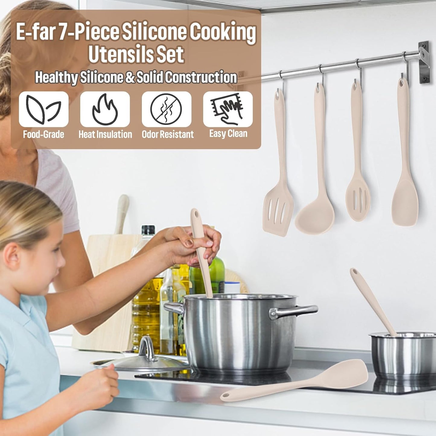 E-far Silicone Cooking Utensils Set, 7-Piece Black Heat Resistant Kitchen Utensils Set, Kitchen Nonstick Tools Spatula Ladle Spoon Pasta Server for Non-stick Cookware, Non-Toxic & Dishwasher safe