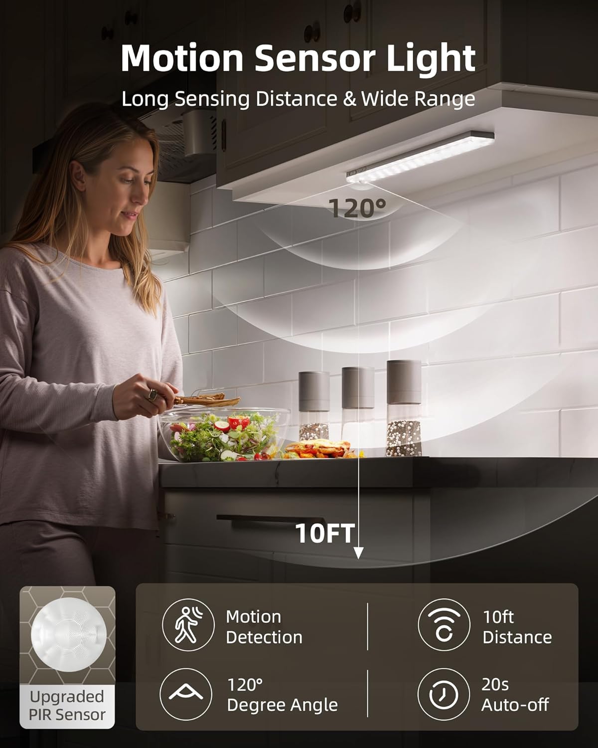 EZVALO 3-Pack Under Cabinet Lighting, 2000mAh Rechargeable Wireless Motion Sensor Lights, 62LEDs, 3 Color Temps, Dimmable, Timer, Magnetic, with Remote Control for Kitchen, Closet, Stair