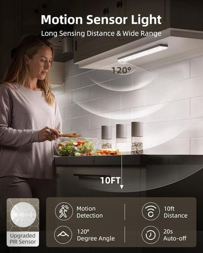 EZVALO 3-Pack Under Cabinet Lighting, 2000mAh Rechargeable Wireless Motion Sensor Lights, 62LEDs, 3 Color Temps, Dimmable, Timer, Magnetic, with Remote Control for Kitchen, Closet, Stair