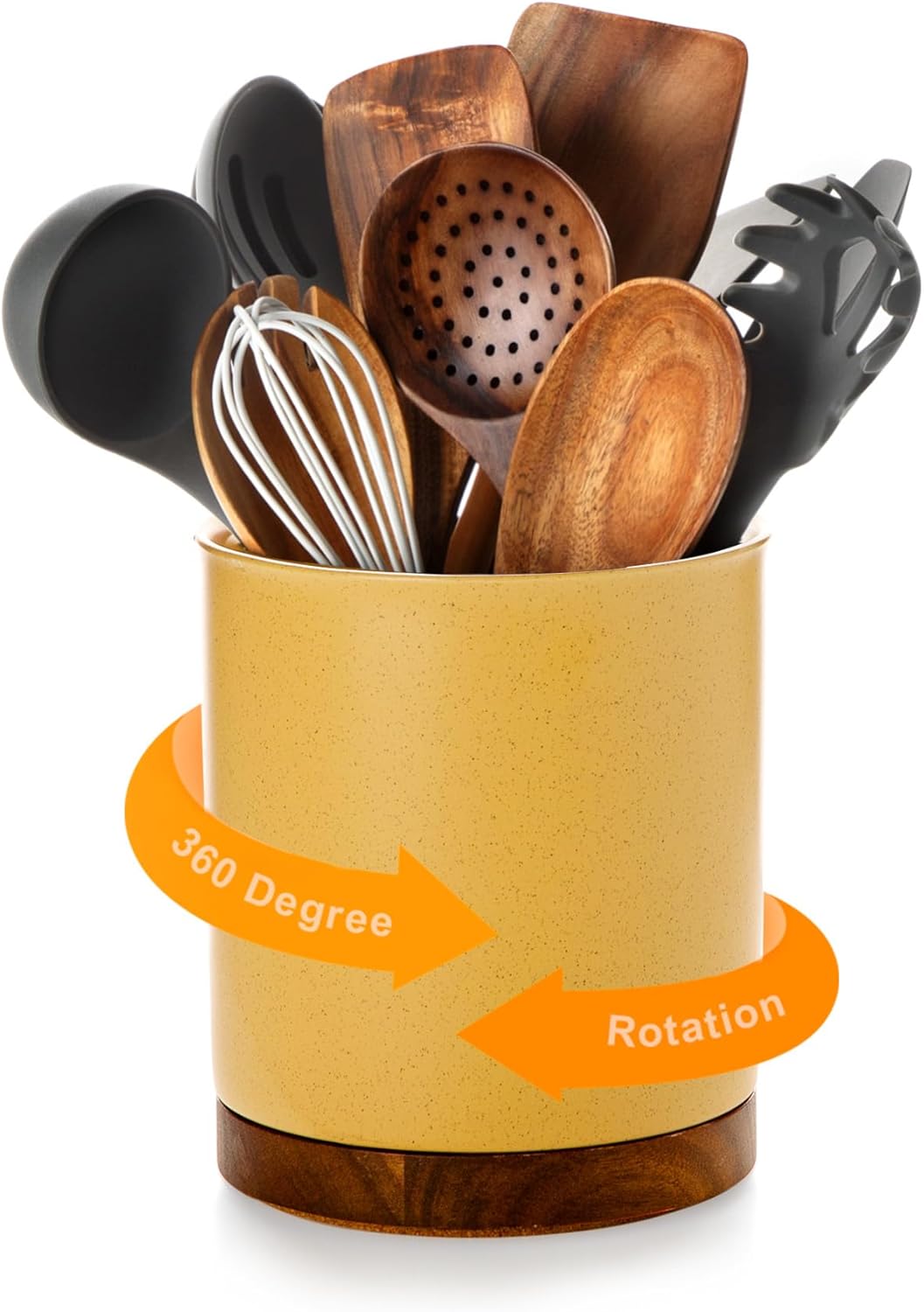 Nucookery 360°Rotating Utensil Holder, 7.2" Large Utensil Crock Countertop, Black Ceramic Cooking Utensil Organizer,Spatula Spoon Holder,Farmhouse Kitchen Decor Christmas Gift (Stone Black)