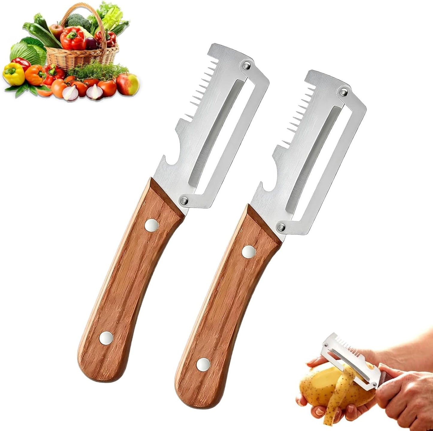 Multi-Functional Vegetable Peeler, 3 in 1 Multi Functional Wooden Handle Peeler and Bottle Opener,Kitchen Gadgets Tool，Grater & Bottle Opener for Potato, Carrot, Apple, Fruit & Vegetable (1pcs)