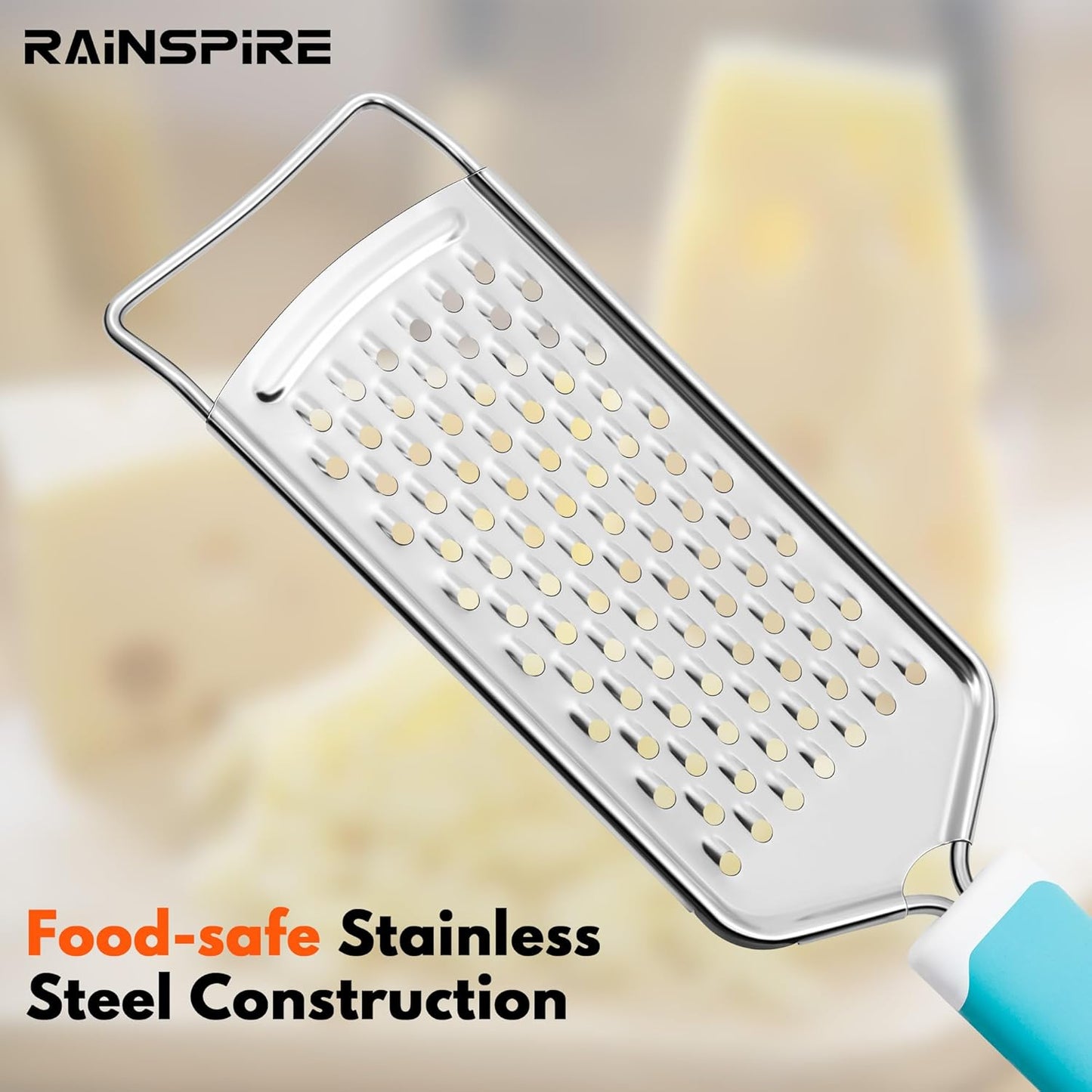 Rainspire Professional Cheese Graters for Kitchen Stainless Steel Handheld, Metal Lemon Zester Grater With Handle For Cheese, Chocolate, Spices, Kitchen Gadgets And Tools, Soft Grip Handle, Black