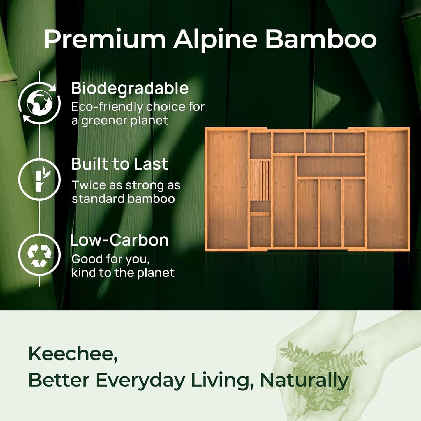 keechee Carbonized Bamboo Kitchen Drawer Organizer, 10 Slots Expandable Silverware Organizer, Utensil Holder & Cutlery Tray, 2.2" Deep for Extra Capacity, Non-Slip Feet Included