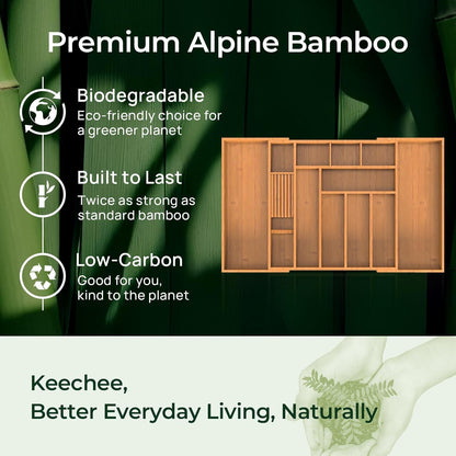 keechee Carbonized Bamboo Kitchen Drawer Organizer, 10 Slots Expandable Silverware Organizer, Utensil Holder & Cutlery Tray, 2.2" Deep for Extra Capacity, Non-Slip Feet Included