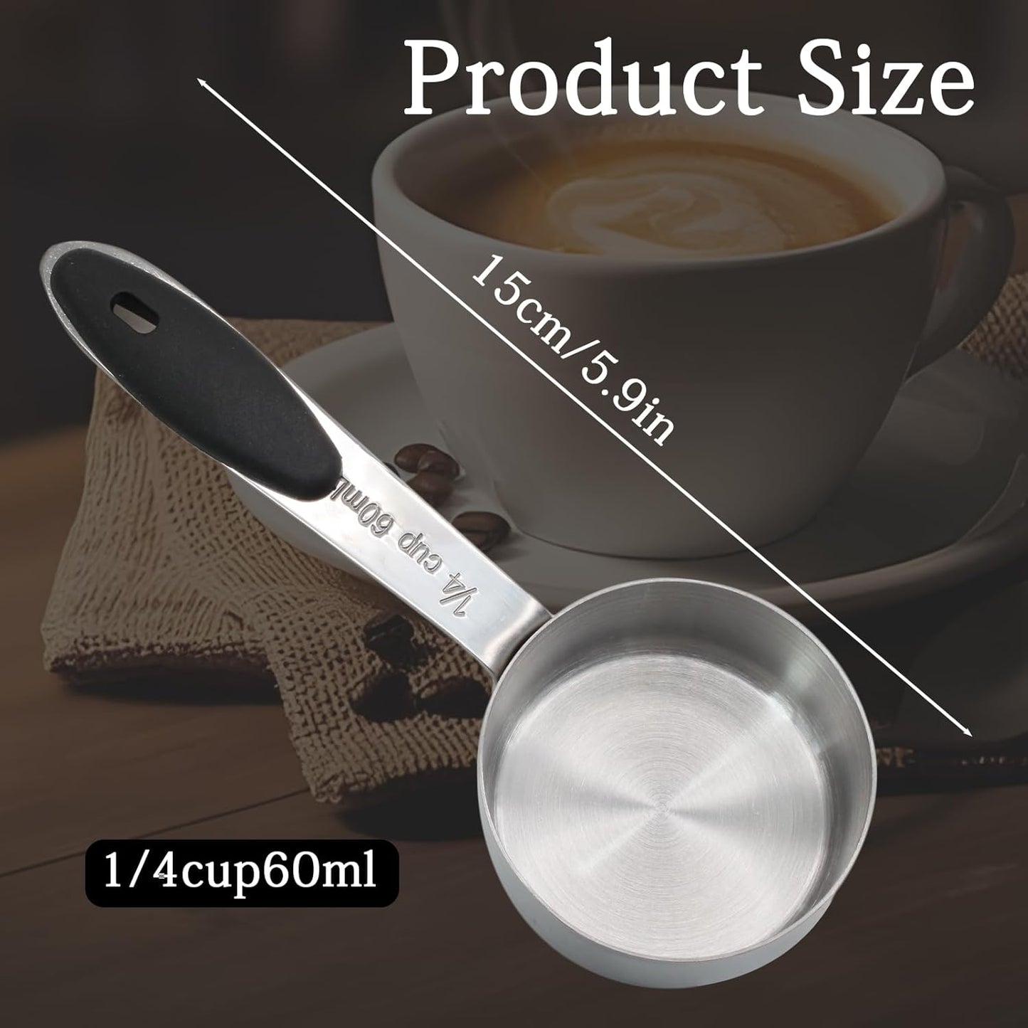 1/4 Cup Measuring Cup, 60 ML Stainless Steel Coffee Measuring Scoops, Single Metal Coffee Scoop with Black Silicone Handle