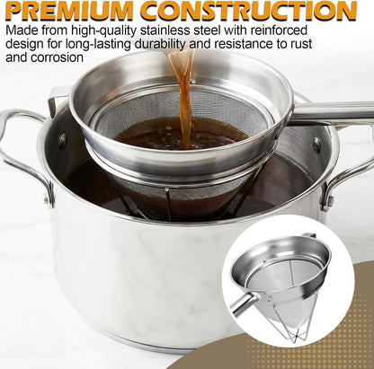 Stainless Steel Bouillon Strainer, 8-Inch Conical Fine Mesh, Heavy-Duty with Support Ring