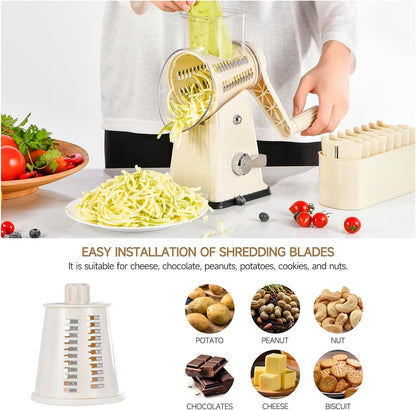 Xilrvna RotaryCheeseGrater,VegetableShredder 5 in 1 Cheese GraterwithHandleedderReinforcedSuction,EasytoClean,KitchenChopperforCrushedIce,Fruits and Nuts with Blade StorageCase（light green）