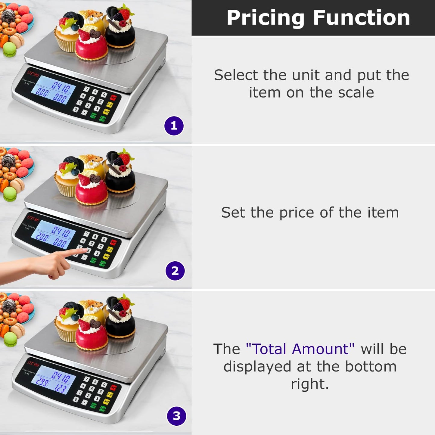 Large Digital Kitchen Scale 40kg/88lb Stainless Steel Price Computing Scale Counting Scale Deli Scale with LCD Display for Baking Bread Cooking Meat Prep Parts and Coins Adapter Included