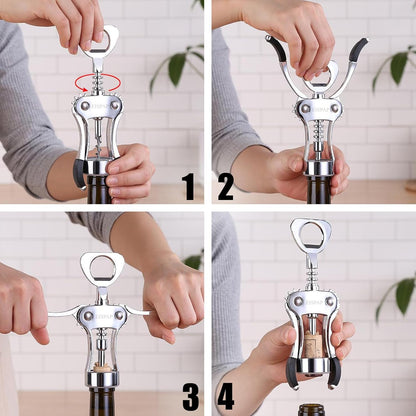 Powerful Wine Opener, Ergonomic Soft Touch Heavy Duty Manual Bottle Openers, Rust Resistant Zinc Alloy Winged Corkscrew, Easy Use, Open Corks, Dishwasher Safe, Bar Accessories