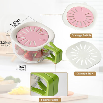 Fruit Vegetable Washing Bowl with Strainer, Berry Lettuce Keeper for Fridge Refrigerator Organization, Portable Colander for Kitchen Fridge, Drainer Container With Lid, 2 Pack (Pink)