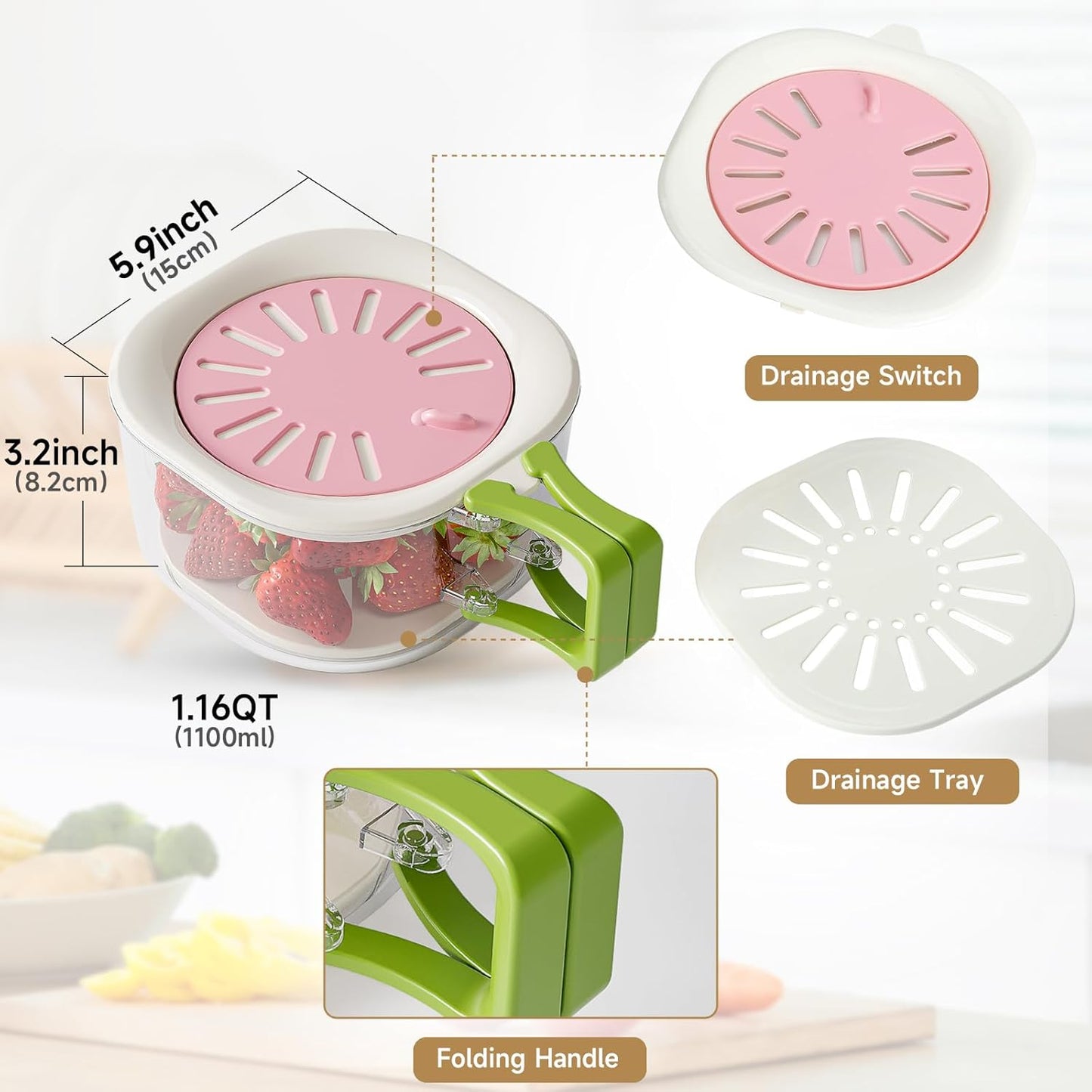 Fruit Vegetable Washing Bowl with Strainer, Multifunctional, Berry Lettuce Keeper for Fridge Refrigerator Organization, Portable Colander for Kitchen, Drainer Container With Lid, 2 Pack (Mix)
