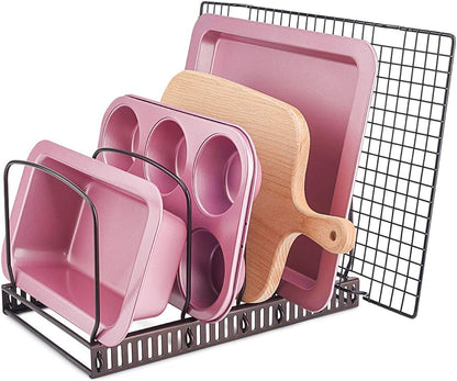 Toplife Pot Lids Organizer Rack for Cabinet and Countertop, 7+ Pan Lids and Bakeware Organizer Rack Holder with 7 Adjustable Compartments - Brown