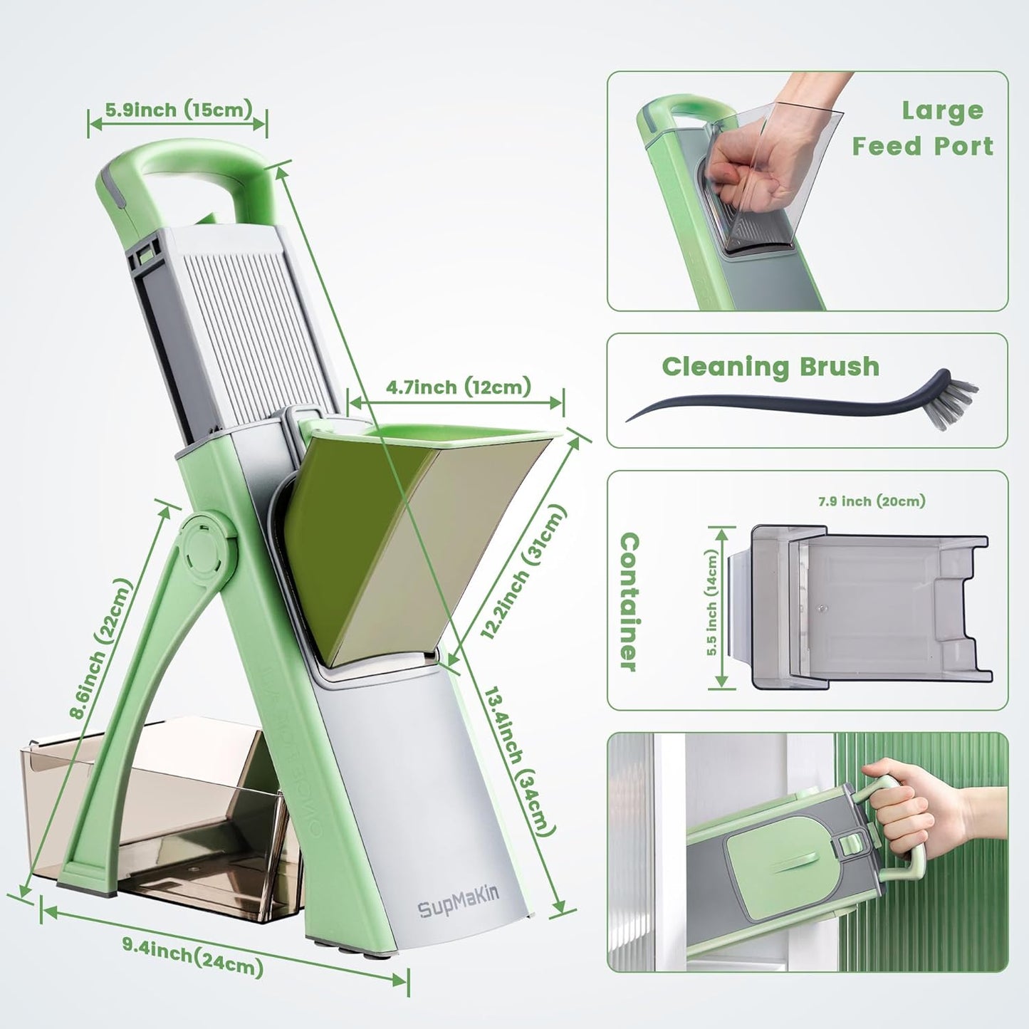 SupMaKin Upgrade Safe Mandoline Slicer Plus, Adjustable Vegetable Chopper Potato Slicer Onion Chopper, French Fries Cutter, Veggie Salad Chopper Kitchen Chopping Artifact (Green)