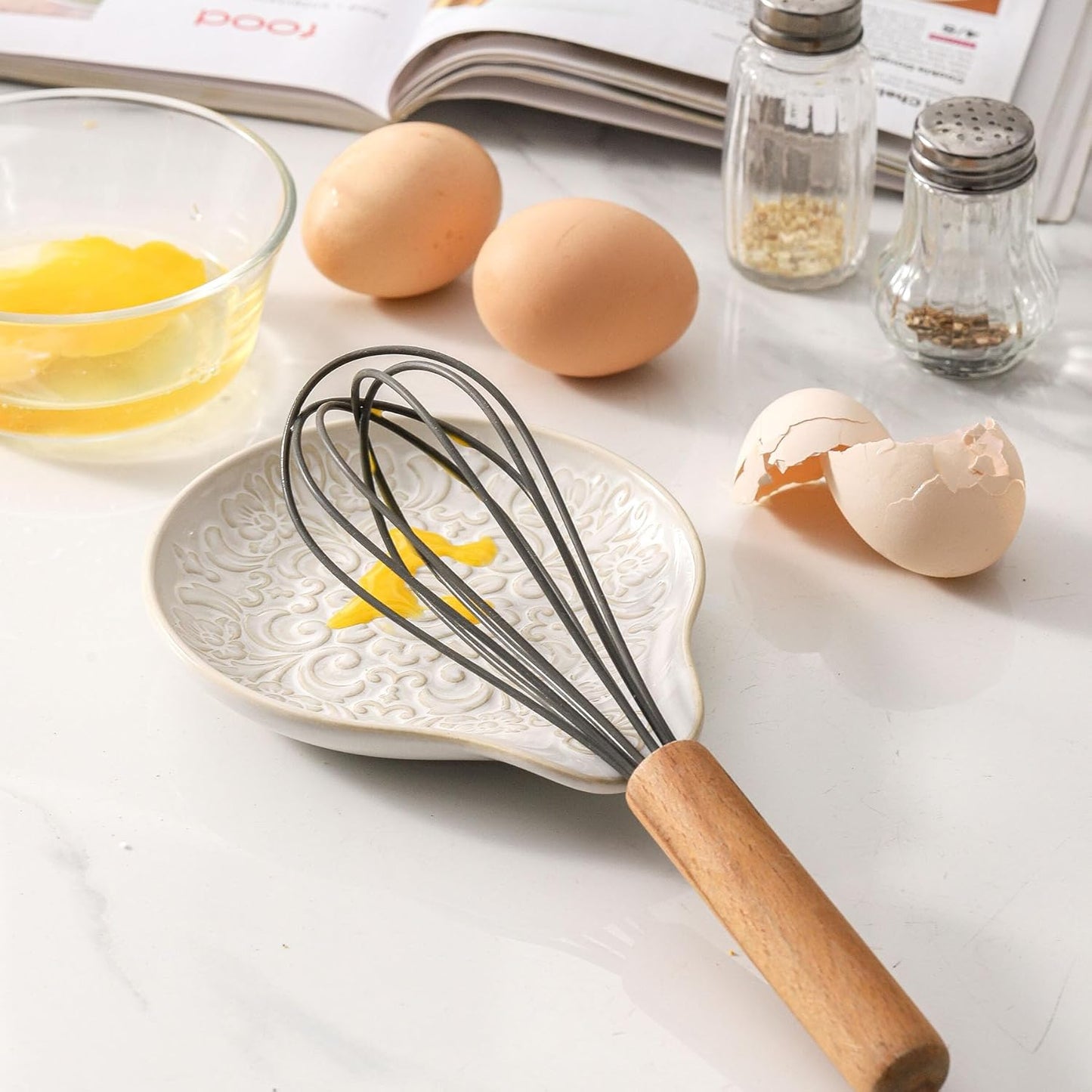 Farmhouse Ceramic Spoon Rests Holder for Kitchen Counter Stove Top (White-A1)