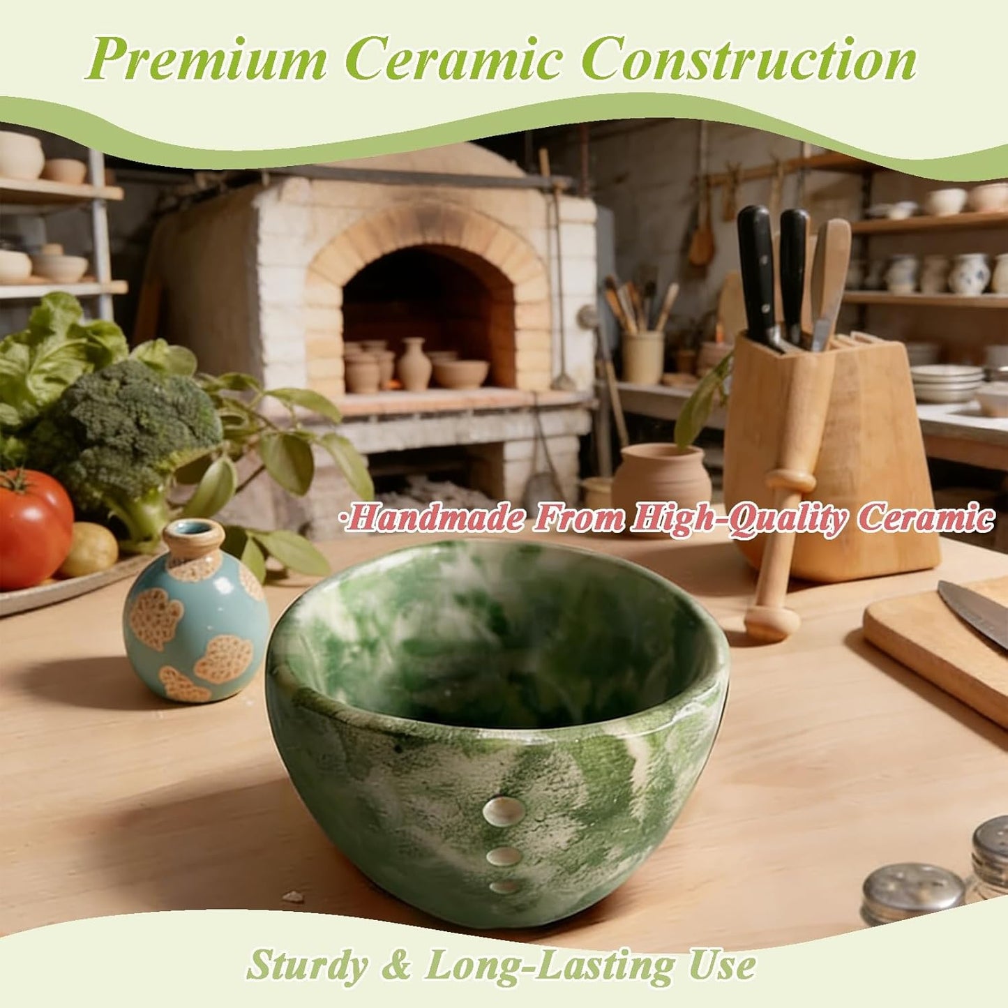 Pottery Herb Stripper Bowl, Ceramic Herb Stripper, Handmade Leaf Removal Cup with Different Sized Round Holes for Parsley, Cilantro, Rosemary & Salad Cooking(Blue)