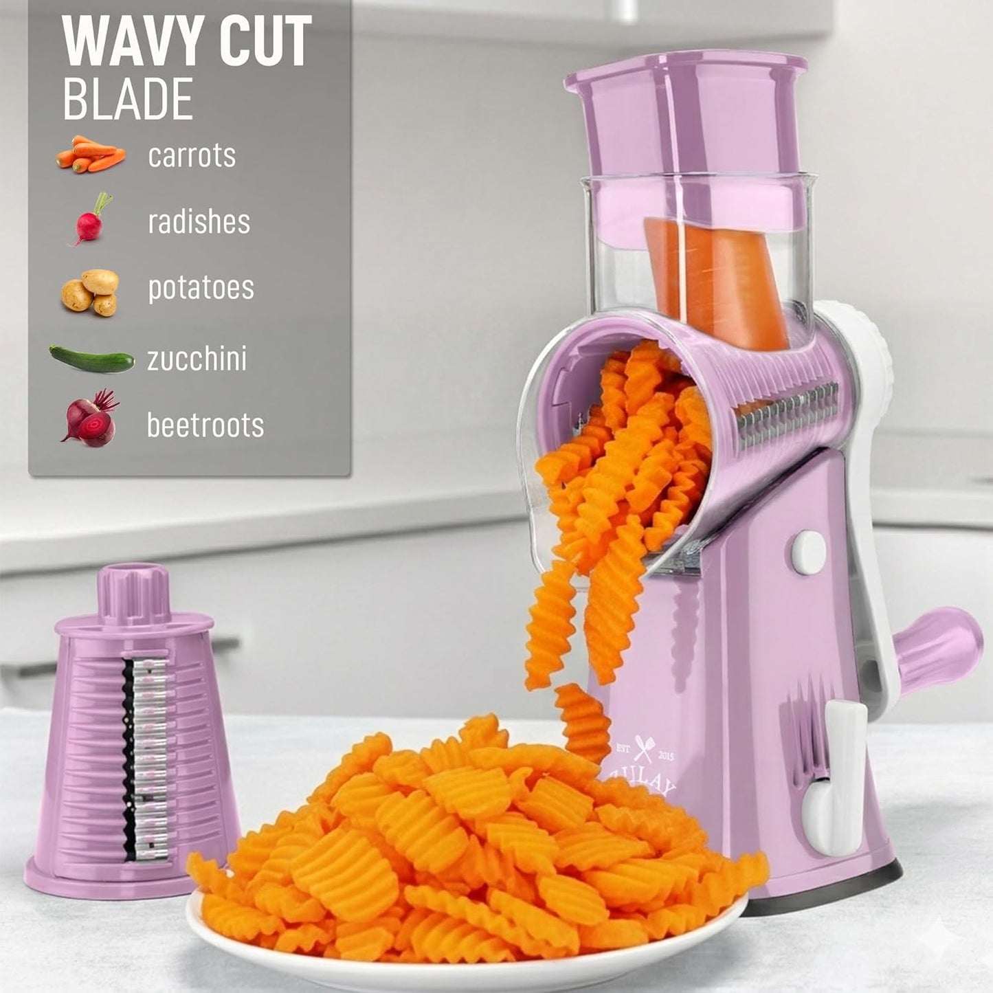 Zulay Kitchen Rotary Cheese Grater 5 Blade Cheese Shredder - Manual Hand Crank Cheese Grater With Reinforced Suction & 5 Interchangeable Drums - Easy to Use, Vegetable Chopper Round Mandoline Slicer - Colors B