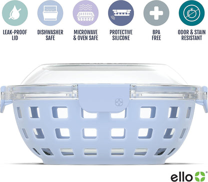 Ello DuraGlass Food Storage Glass Lunch Bowl - Meal Prep Container with Silicone Sleeve and Airtight Lid, 5 Cup, Yucca