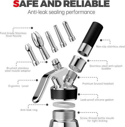Professional Aluminum Whipped Cream Dispenser - 500 mL/1 Pint,Leak-Free Whipped Cream Maker Canister with 8 Decorating Nozzles & Cleaning Brush - N2O Chargers (Not Included) (Silver, 500ml)