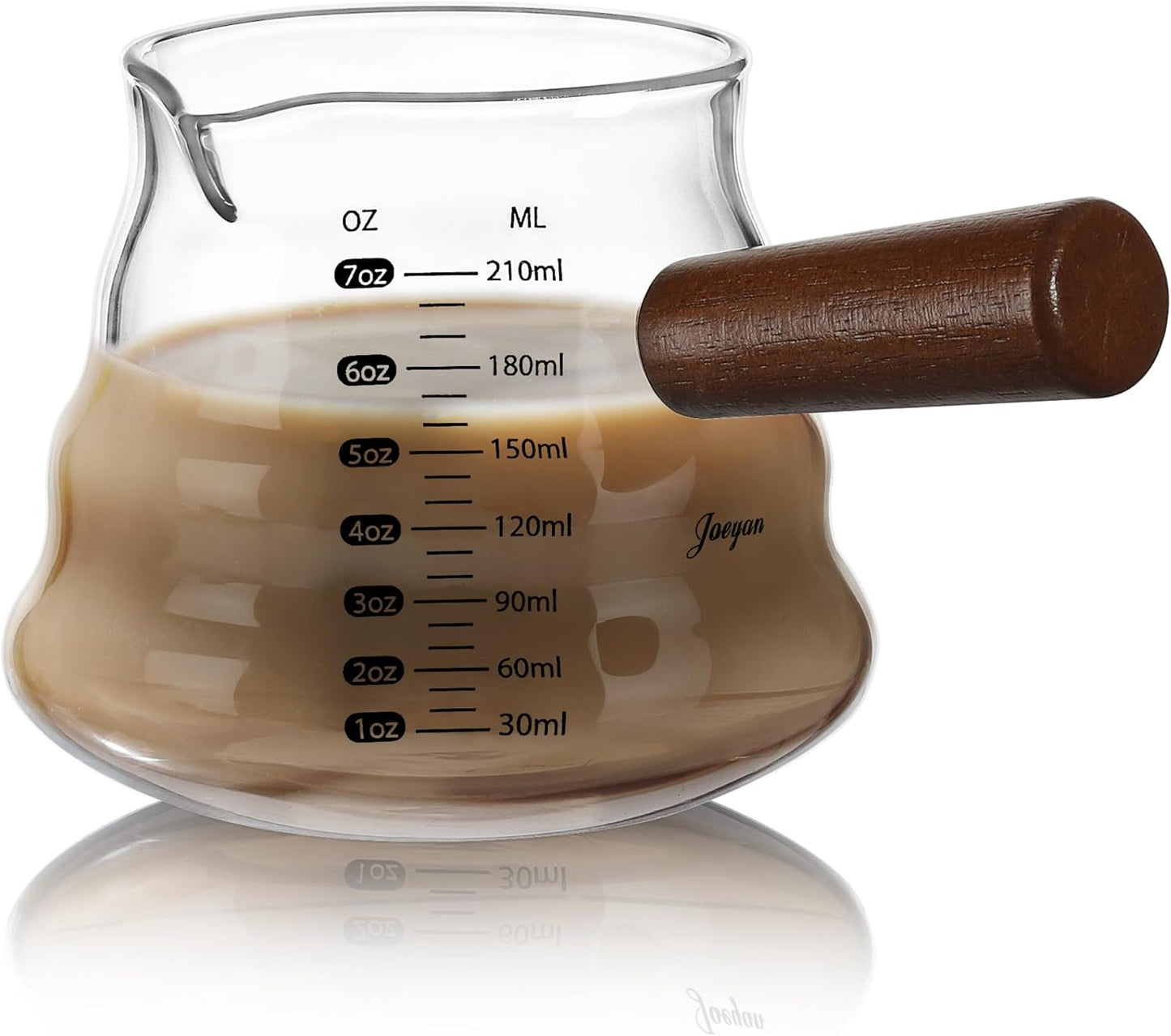 Joeyan 7 oz Glass Measuring Cup, Espresso Shot Glasses with Spout and Wooden Handle, Clear Milk Frothing Pitcher, Wave Shaped Borosilicate Espresso Bar Accessories for Coffee