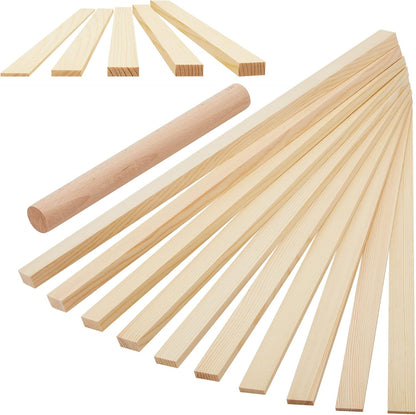 FairySandy 11 Pcs Pottery Teaching Rolling Mud Stick Guide and Wood Rolling Pin Set Include 10 Pcs 15.8 x 0.8 Inches Mudboard Guide and Clay Roller Tools for Manual Self Made Clay Gift Decoration