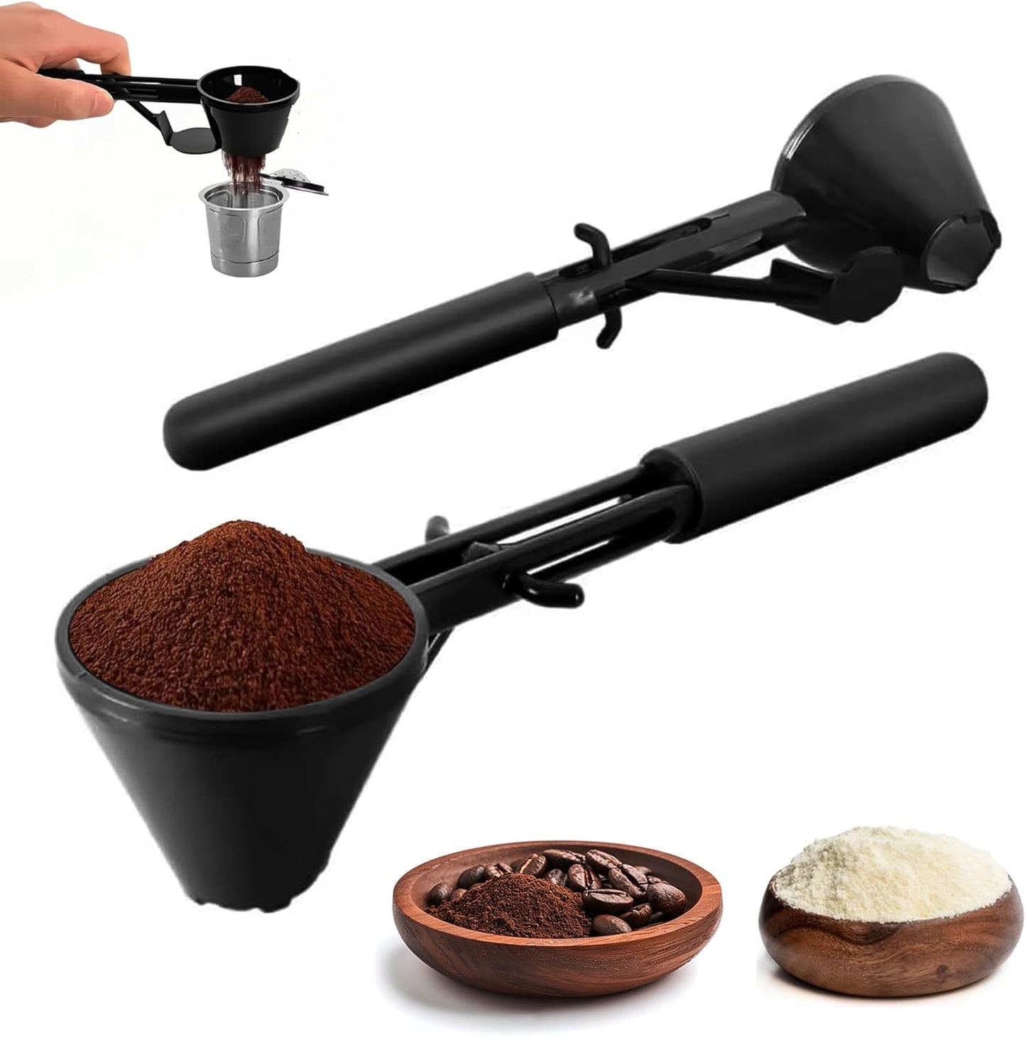 2PCS 2 in 1 Measuring Scoop with Funnel for Reusable K Cup CoffeecPods, Spill Proof Filling Funnel For Ground Coffee, Protein Powder,Suppliments, Refillable Pods Tea, Coffee Scoop 2 Teaspoon