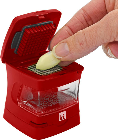 Garlic-A-Peel Garlic Press, Crusher, Cutter, Mincer, and Storage Container - Includes Silicone Garlic Peeler - Easy to Clean - Stainless Steel Blades – (Black), standard