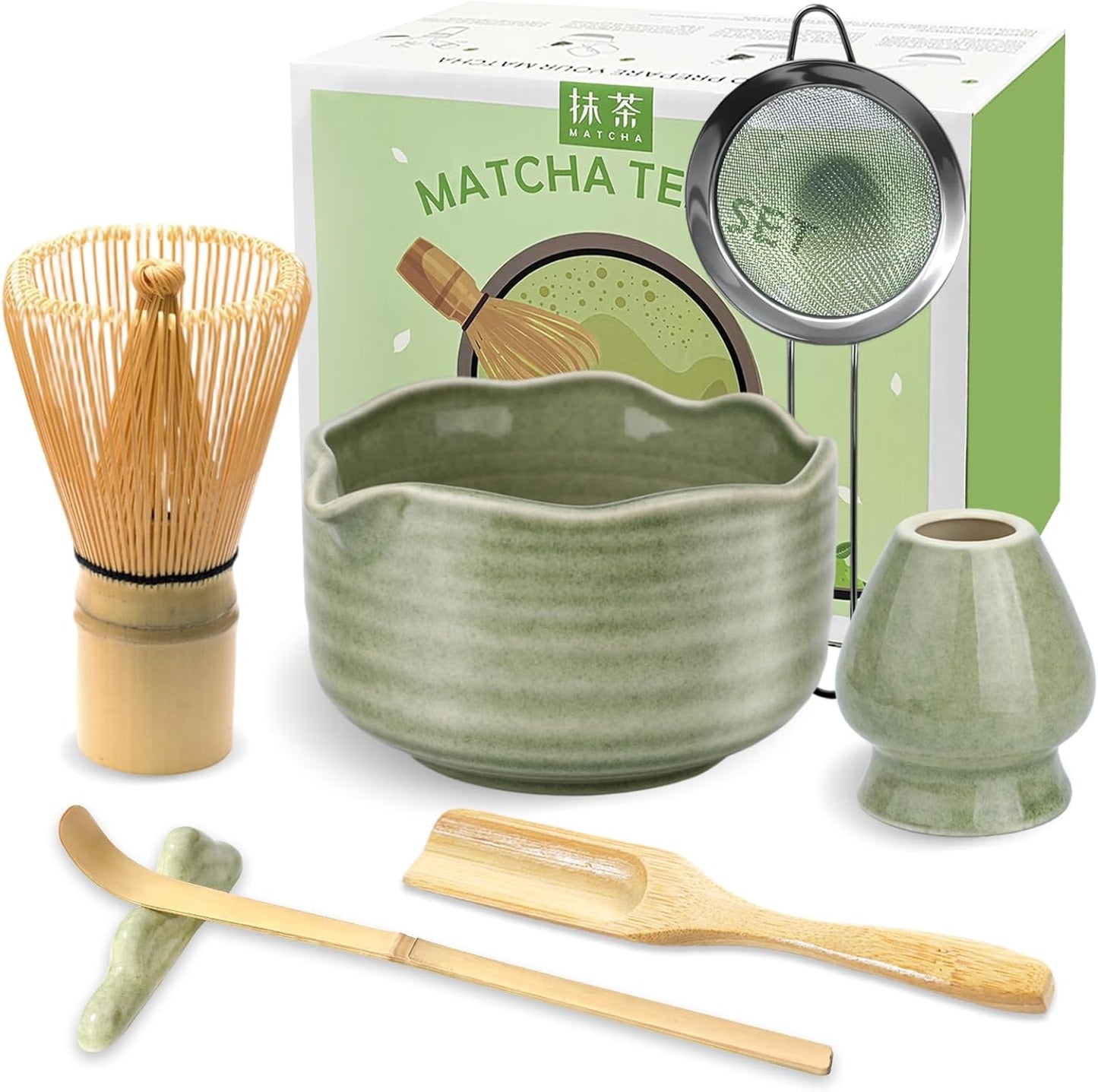 JBER Matcha Whisk Set, Ceramic Matcha Set Includes Bowl & Holder, Bamboo Whisk (Chasen), Sifter, Scoop, Spoon & Rest - 7PCS Matcha Kit Gift for Matcha Lovers & Beginners, Gradient Pink