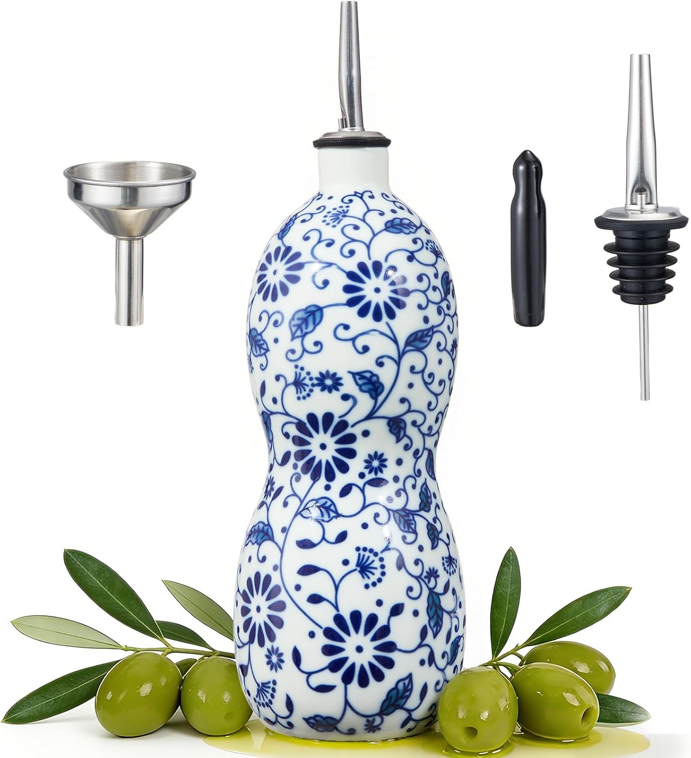 20oz Vintage Ceramic Olive Oil Dispenser Bottle, Gourd Shape Blue and White Porcelain Oil Bottle with Spout and Funnel,Drip-Free Cruet, for Oil, Vinegar, Soy Sauce, Coffee Syrup, Liquids