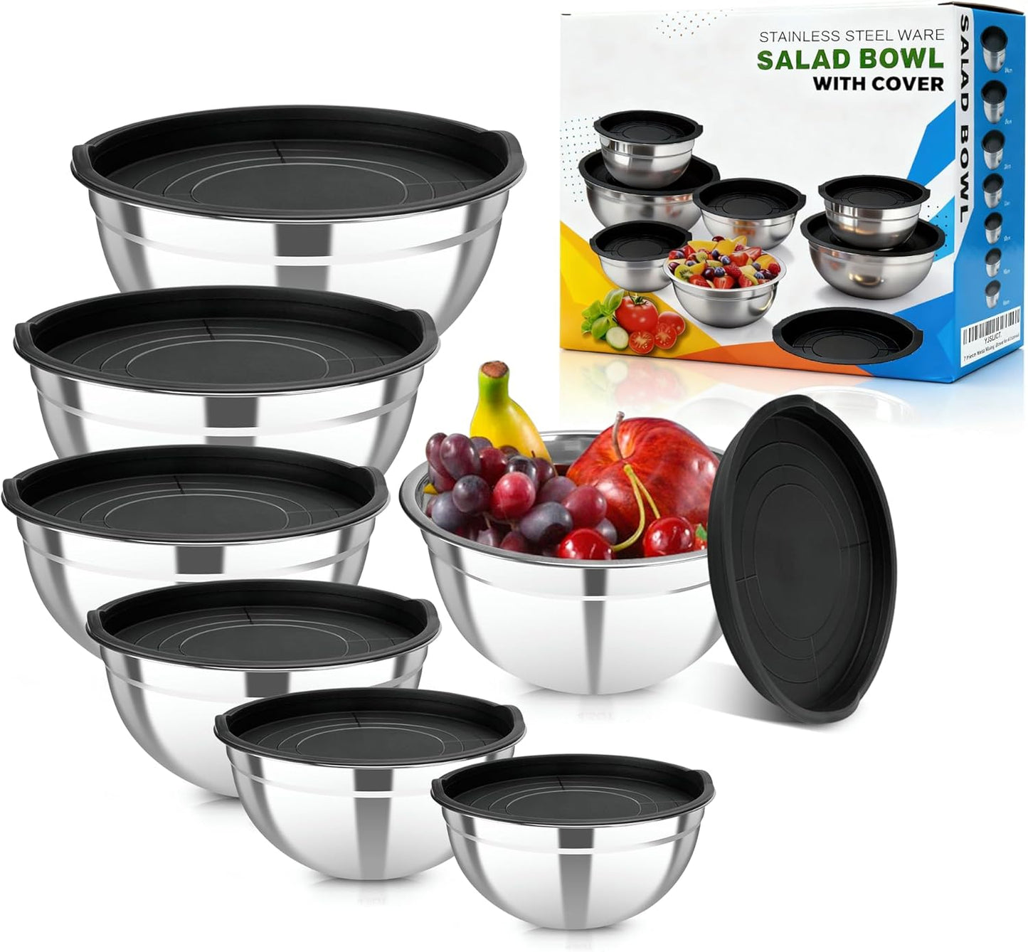 Stainless Steel Mixing Bowls with Lids Set, 7 Pcs Nesting Design Metal Mixing Bowls Salad Bowl for Mixing, Prepping and Serving Food(Size4.5-0.7QT)