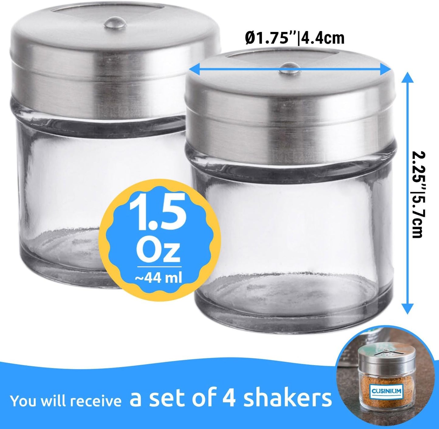 CUSINIUM 2-Pack 1.5oz Glass Spice Seasonings Shaker With Adjustable Lid