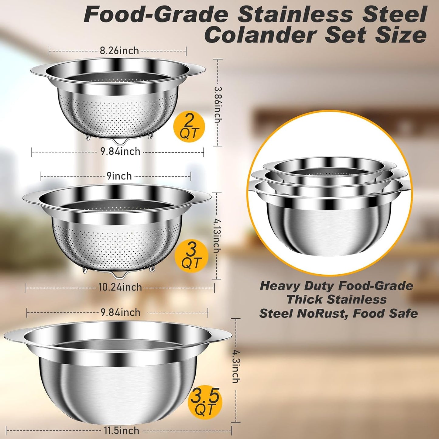 Colander, Stainless Steel Colander for Kitchen, 3Pcs Kitchen Gadget Food Strainer Basket with Handle, Kitchen Strainer Colanders Bowl for Pasta Noodles Spaghetti Vegetables Fruit (2QT, 3QT, 5QT)