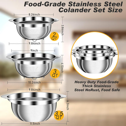 Colander, Stainless Steel Colander for Kitchen, 3Pcs Kitchen Gadget Food Strainer Basket with Handle, Kitchen Strainer Colanders Bowl for Pasta Noodles Spaghetti Vegetables Fruit (2QT, 3QT, 5QT)