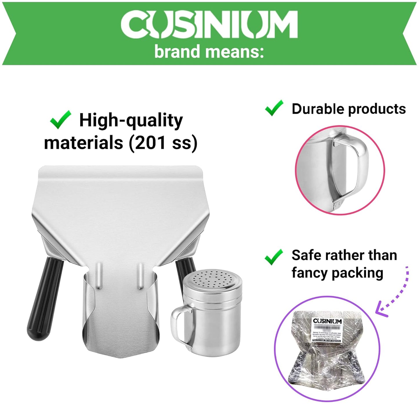 CUSINIUM Popcorn Scoop Right Handle and Medium Holes Dredge Set - Metal Popcorn Scooper - French Fry Scoop - No Seasonings/Consumables included